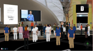 Users can share images, video feeds and links from their personal computers in the virtual world on presentation screens 