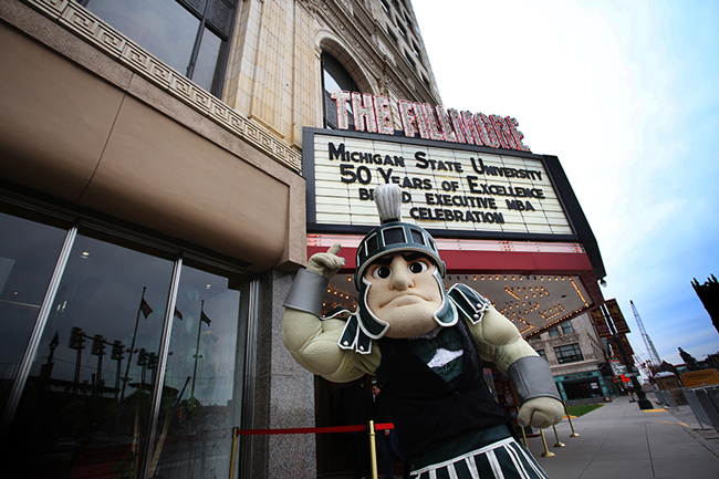 Sparty was on hand at the 50th anniversary celebration for the Executive MBA program at Michigan State University’s Broad College of Business at the Fillmore in Detroit, Thursday, May 14.  Photo by Alan Piñon