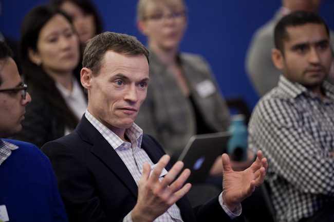 Haas EMBA student Joe Peters speaks during a presentation at MyFitnessPal in San Francisco - Ethan Baron photo