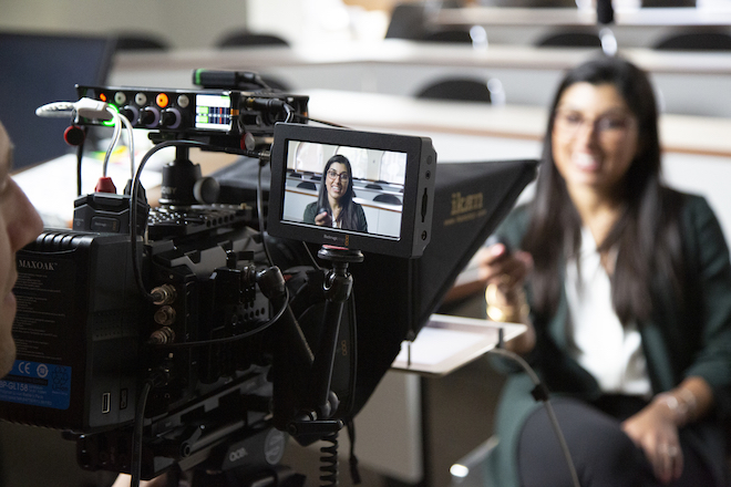 Penn Law professor Natasha Sarin during recent filming for Wharton’s new online fintech specialization.